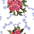 Seamless pattern with pink pions, white camomiles, blue cornflowers, yellow flowers.