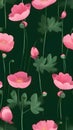 Seamless pattern with pink poppies on dark green background