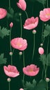 Seamless pattern with pink poppies on dark green background