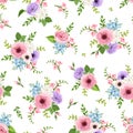 Seamless pattern with pink, purple, blue and white flowers. Vector illustration. Royalty Free Stock Photo