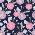 Seamless pattern with pink and purple camellias, dusty miller and silver brunia.