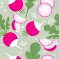 Seamless pattern. Pink radish, leaves and flowers on shabby background. Sliced radish.