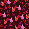 Seamless pattern of pink and red bottles with nail polishes, multicolored splashes and brushes on a dark red background