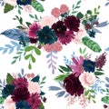 Seamless Pattern With Pink Red Burgundy Marsala Navy Blue Flowers And Leaves Floral  Feathers Pattern For Wallpaper
