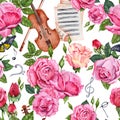 Seamless pattern with pink and red roses, violin with a bow, sheet music pages and perfume bottle. Hand drawn watercolor Royalty Free Stock Photo