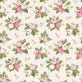 Seamless pattern with pink rose buds and leaves.