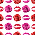 Seamless pattern pink rose flower and red lipstick kiss print on white background isolated, roses flowers and lips makeup stamp Royalty Free Stock Photo