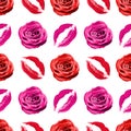 Seamless pattern pink rose flower and red lipstick kiss print on white background isolated, roses flowers and lips makeup stamp Royalty Free Stock Photo