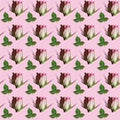 Seamless pattern with pink rose and green leaf flower with dark shadow from hard light Royalty Free Stock Photo