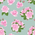 Seamless pattern with pink roses, green leaves and buds on blue background. Vector illustration of beautiful flowers Royalty Free Stock Photo