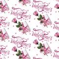 Seamless pattern with pink roses, leafs, gift box, hearts