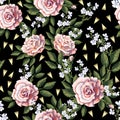 Seamless pattern with pink roses, leaves and white flowers. Vector illustration. Royalty Free Stock Photo