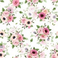 Seamless pattern with pink roses, lisianthus and anemone flowers. Vector illustration. Royalty Free Stock Photo