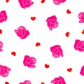 Seamless pattern pink roses and red hearts on white background. Floral Valentine day print, eps 10 Royalty Free Stock Photo