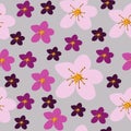 Seamless pattern pink sakura flowers on gray background, vector eps 10