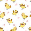 Seamless pattern with pink silhouette chick`s, flowers.Happy Easter template. Simple