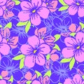 seamless pattern of pink silhouettes and blue contours of flowers on a blue background