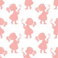 Seamless pattern, pink silhouettes of a cute little girl with a butterfly in her hands. Print, background Royalty Free Stock Photo