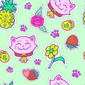 Seamless pattern with pink smiling cat