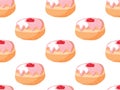 Seamless pattern with pink Strawberry frosted donut. Cartoon flat vector illustration with Traditional Chanukah donuts Royalty Free Stock Photo