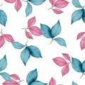 Seamless pattern with pink and teal blue leaves, watercolor botanic illustration for wrapping, backgrounds or wallpaper