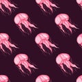 Seamless pattern with pink transparent jellyfish on a dark background. Watercolor illustration. For printing on fabric Royalty Free Stock Photo