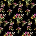 Seamless pattern with red tulips abstract flowers on black