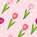 Seamless pattern pink tulips dotted spring design background