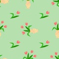 Seamless pattern of pink tulips and fresh bouquet on a delicate green background. Hand drawn simple flat cute flowers for wrapping