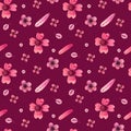 Seamless pattern. Pink watercolor flowers on burgundy background.