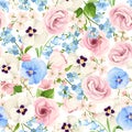 Seamless pattern with pink, white, and blue pansy, forget-me-not, and lisianthus flowers. Vector illustration Royalty Free Stock Photo