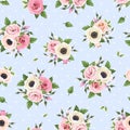 Seamless pattern with pink and white flowers on blue. Vector illustration. Royalty Free Stock Photo