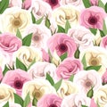 Seamless pattern with pink and white lisianthus flowers. Vector illustration. Royalty Free Stock Photo