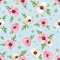 Seamless pattern with pink and white poppy flowers on blue. Vector illustration Royalty Free Stock Photo