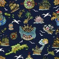 Seamless pattern with pirate adventures concept, treasure islands, old sailing ships, nautical symbols on blue Royalty Free Stock Photo