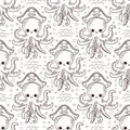 Seamless pattern with pirate octopus. Black and white. Vector