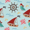 Seamless Pattern of a Pirate Ship with Red Sails and Steering wheel, Parrot. Bundle Pirate items Royalty Free Stock Photo