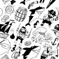 Seamless pattern with pirates and sharks