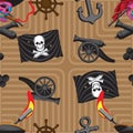 Seamless pattern pirates skull hat gun core ropes flag anchor steering wheel fuses. To print the background on the tissue paper.