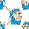 Seamless pattern pixel bull in a New Year`s blue hat. Design is suitable for wallpaper in a nursery