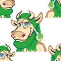 Seamless pattern pixel bull in a New Year`s green hat and scarf. Design is suitable for wallpaper in a nursery