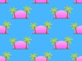 Seamless pattern with pixel palm trees at sunrise in 80s style. 8-bit sun synthwave and retrowave. Retro 8-bit video game