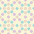 Seamless pattern of a Pixelate Flower 8 Bit in pink, blue, and purple pastel color on yellow background, Vector for fabric, Royalty Free Stock Photo