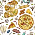 Seamless pattern pizza with cheese. Texture for background. Yummy italian vegetarian food with tomatoes, Seafood and Royalty Free Stock Photo