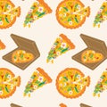 Seamless pattern with Pizza with different flowers. Spring pizza.