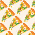 Seamless pattern with Pizza with different flowers. Spring pizza