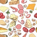 Seamless pattern with pizza and salad ingredients. Endless texture for restaurant and cafe menu, design,decoration