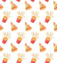 Seamless pattern with pizza slices and French fries. Cartoon style