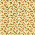 Seamless pattern of pizza slices with toppings and basil leaves Royalty Free Stock Photo