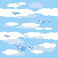 Seamless pattern with planes in blue cloudy sky Basic CMYK